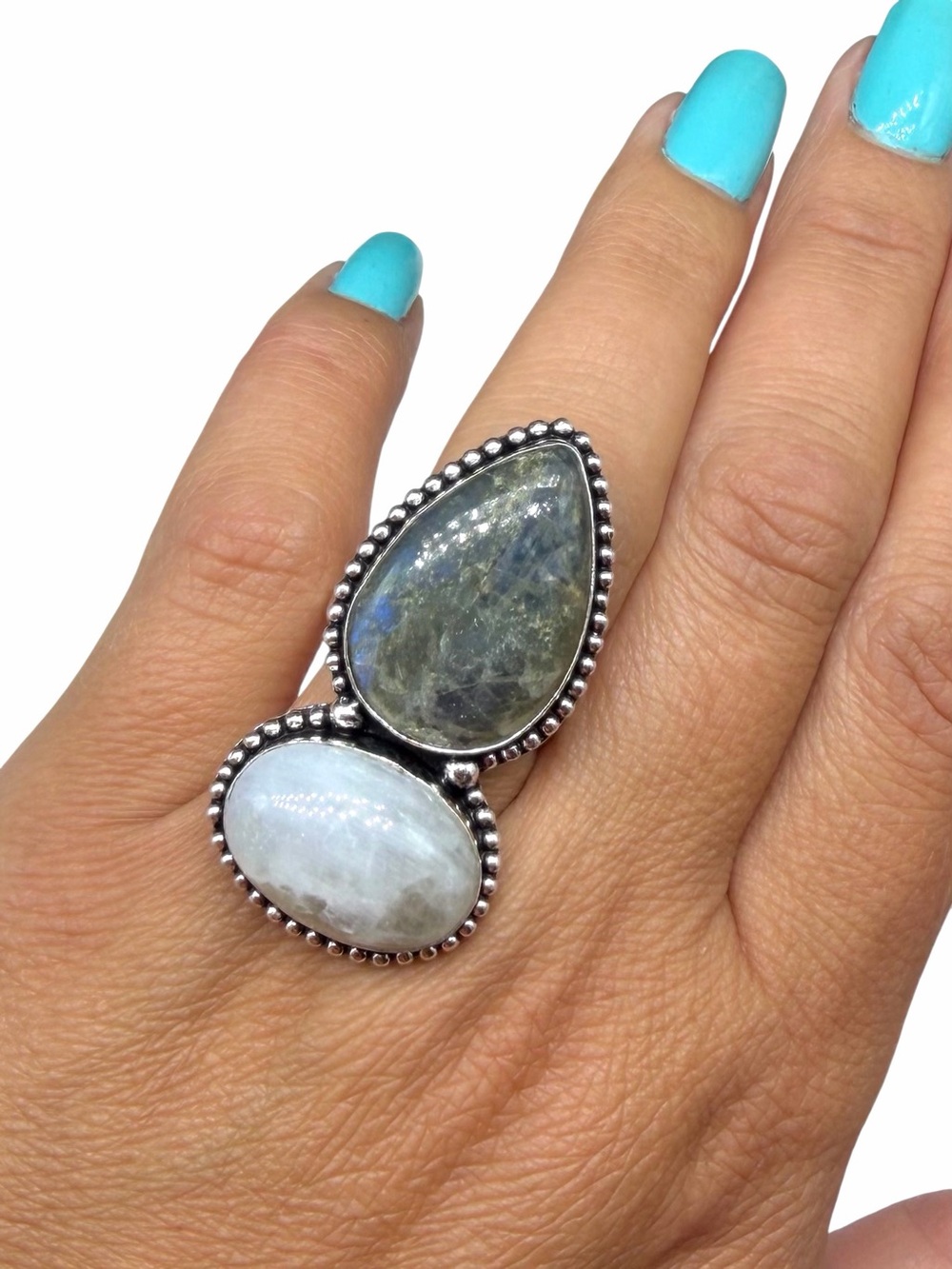Rainbow Moonstone Labradorite Ring Size 8 925 Sterling Silver Overlay Chunky